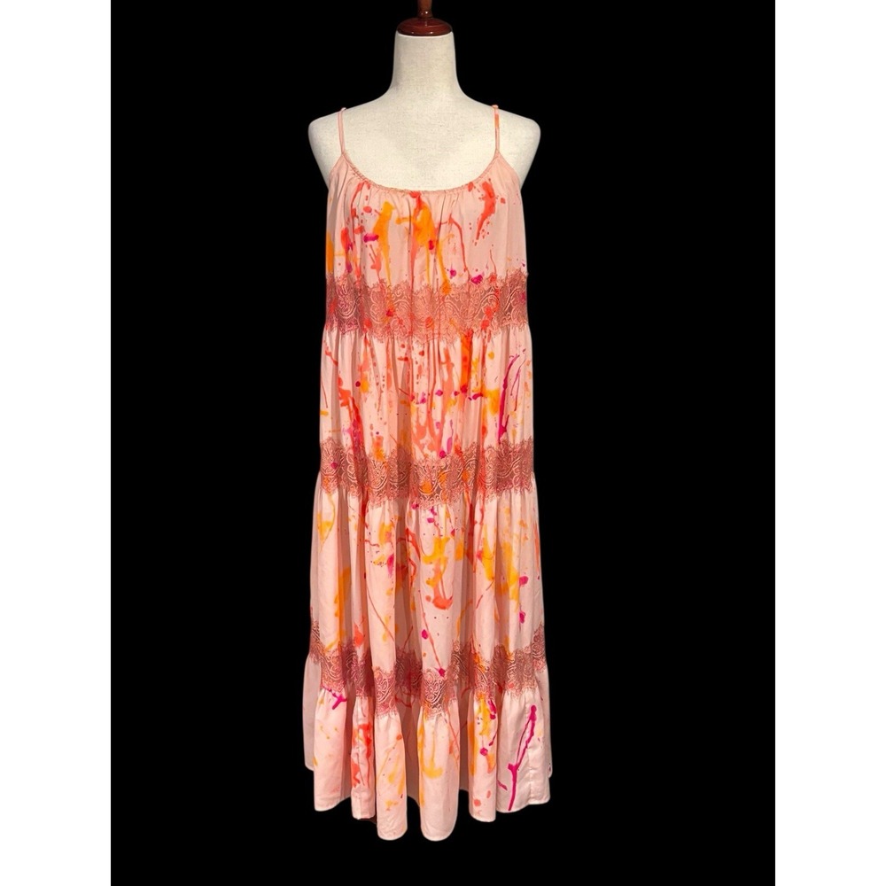 Free People Maxi Dress Abstract Printed Sleeveless Lace Panels Pink Women's XS